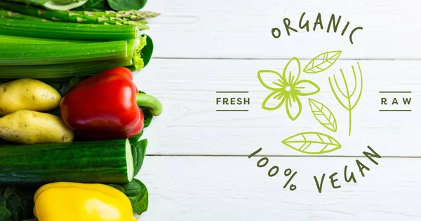 Bild Ekologisk 100 Procent Vegansk Text Grönt Över Färska Grönsaker — Stockfoto