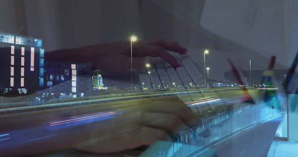 Das Bild Der Hände Die Laptop Arbeiten Beschleunigte Den Verkehr — Stockfoto