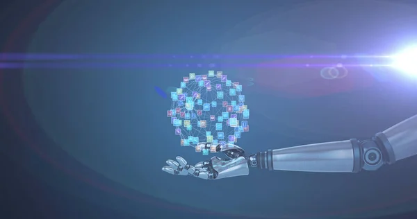 Bild Eines Netzwerks Von Mediensymbolen Über Der Hand Des Roboterarms — Stockfoto