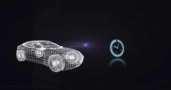 Image of clock over digital car model. global connections, business, digital interface, technology and networking concept.