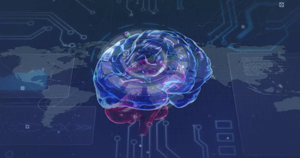 Image of rotating brain over icons integrated circuit and world map. global connections, human mind, technology and digital interface concept digitally generated image.