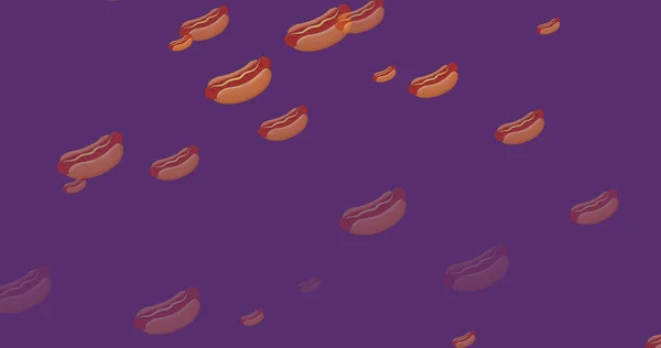 Kép Zuhanó Hot Dog Ikonok Lila Háttér Élelmiszer Egészségügyi Koncepció — Stock Fotó