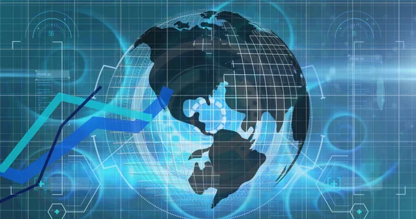 Finansal veri ve grafiklerin mavi arka planda dönen görüntüsü. küresel iş, finans, ekonomi, teknoloji ve dijital arayüz kavramı dijital olarak oluşturulmuş görüntü.