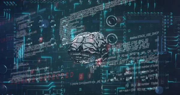 Image of human brain, data processing and circuit board. global online security, computing, data processing and technology concept digitally generated image.