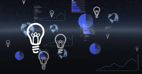 Image of bulbs, graphs and data processing floating in black space. data processing, technology and digital interface concept digitally generated image.