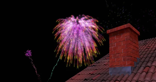 Imagem Telhado Chaminé Com Natal Colorido Fogos Artifício Ano Novo — Fotografia de Stock