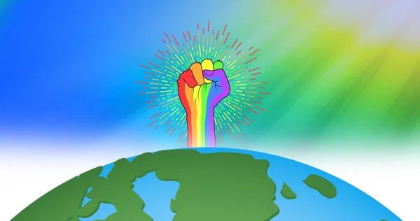 Afbeelding Van Regenboog Vuist Hele Wereld Regenboog Achtergrond Trots Maand — Stockfoto