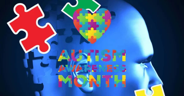 Image of colourful puzzle pieces and autism awareness month text over blue head. autism, learning difficulties, support and awareness concept digitally generated image