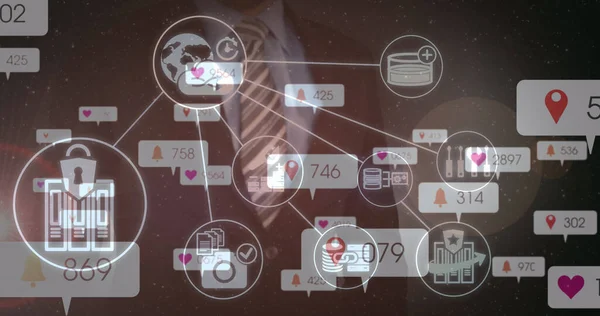 Image of social media icons and numbers over businessman touching interactive screen. global social media, connections and digital interface concept digitally generated image.