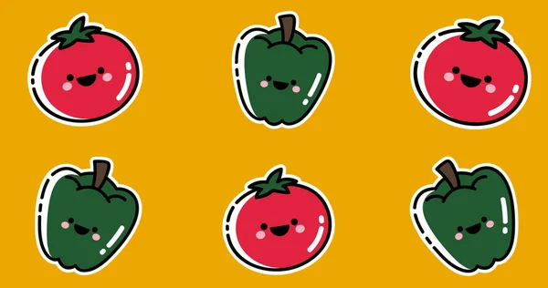 Obraz Uśmiechniętych Czerwonych Pomidorów Zielonej Papryki Poruszających Się Górę Żółtym — Zdjęcie stockowe
