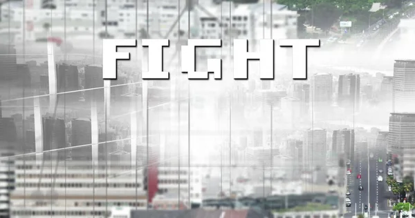 城市景观背景上的白字战斗文字图像 图像游戏 数字接口和通信概念数字生成的图像 — 图库照片