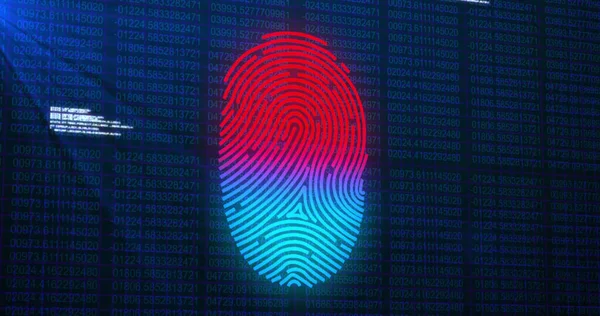 Image of fingerprint and data processing over black background. global communication, data processing and digital interface concept, digitally generated image.