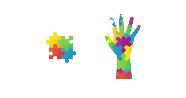 Bild Von Autismus Bunte Puzzleteile Bilden Hand Und Quadrat Auf — Stockfoto