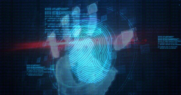 Lidská Ruka Skenuje Biometrický Skener Otisků Prstů Proti Zpracování Dat — Stock fotografie