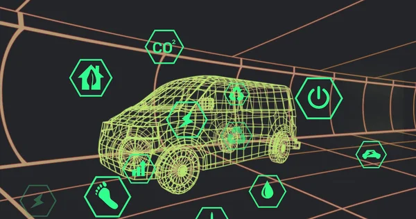 Image of icons processing status data over 3d van model moving on black background. transport and fuel technology, engineering design and digital interface concept digitally generated image.