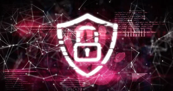 ピンクの背景に接続のネットワークに対するセキュリティ南京錠のアイコンのデジタル画像 サイバーセキュリティとテクノロジーの概念 — ストック写真