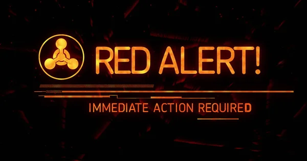 Kırmızı Alarm Işareti Siyah Arkaplanda Metin Resmi Acil Durum Nükleer — Stok fotoğraf
