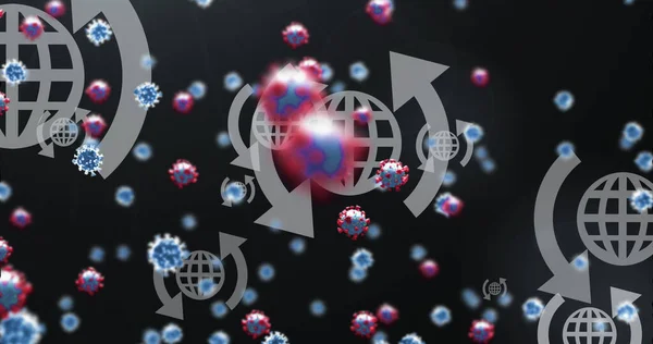 Obraz Komórek Wirusa Ikonach Globu Globalny Interfejs Naukowy Cyfrowy Podczas — Zdjęcie stockowe