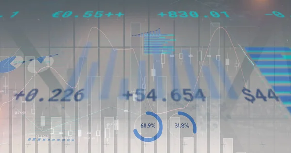 Image of financial data processing over empty office. global business, finances and data processing concept digitally generated image.