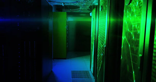 Image of moving shapes over server room. global technology and digital interface concept digitally generated image.