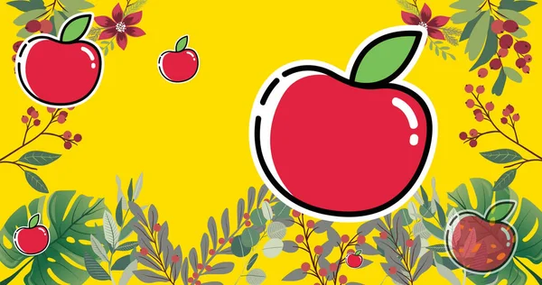 Εικόνα Από Χαμογελαστά Κόκκινα Μήλα Μούρα Και Φύλλα Κίτρινο Φόντο — Φωτογραφία Αρχείου