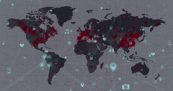 インターフェイスアイコンとの接続のネットワークのイメージは 白い背景に世界地図上を移動します グローバルネットワークの概念デジタル複合体 — ストック写真