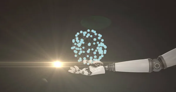 Image of growing network over hand of extended robot arm, with moving light on dark background. electrical engineering technology, communication and research concept digitally generated image.