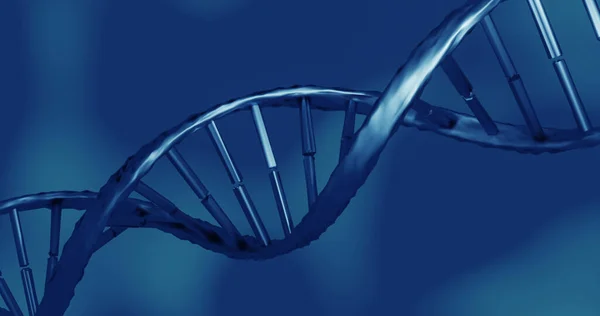 Image of dna strand on blue background. global science, dna and digital interface concept digitally generated image.