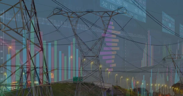 Beeld Van Financiële Gegevensverwerking Elektriciteitspylons Landschap Mondiaal Financieel Zakelijk Digitaal — Stockfoto