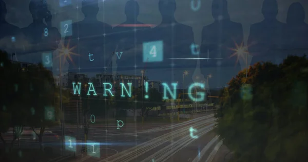 Image of cyber attack warning and people silhouettes over cityscape. global technology and data processing concept digitally generated image.