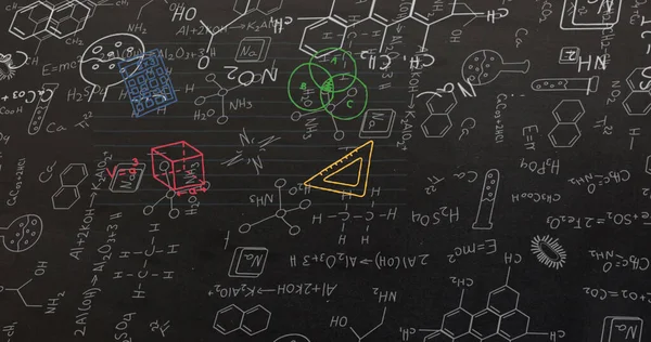 Afbeelding Van Moleculen Chemische Pictogrammen Met Schoolartikelen Pictogrammen Zwarte Achtergrond — Stockfoto