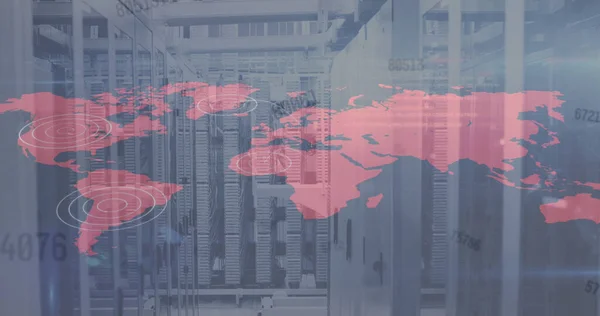 Multiple changing numbers over world map against empty server room. global networking and cyber security technology concept