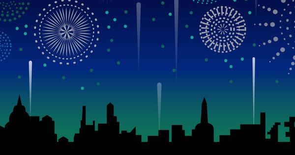 Image of green, white and blue fireworks exploding in sky above city. new year, celebration, party, tradition and seasonal event concept digitally generated image.