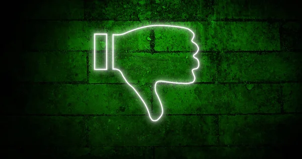 Image Glowing Neon Thumb Icon Brick Wall Social Media Communication — Stock Photo, Image