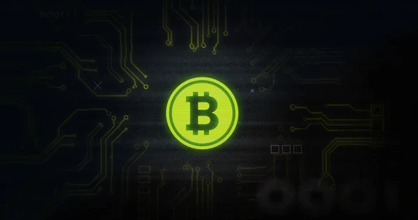 Imagen Interferencia Sobre Símbolo Bitcoin Procesamiento Datos Placa Circuito Informático —  Fotos de Stock