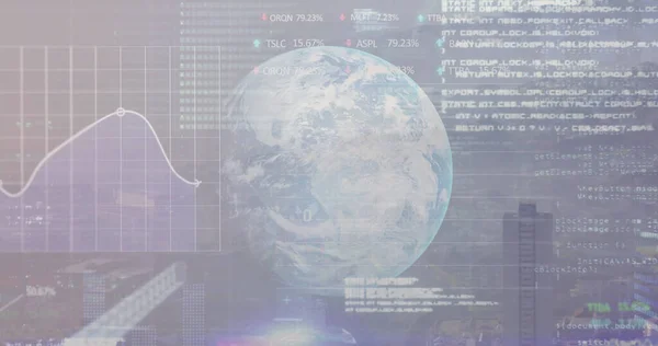 Informatieverwerking Aandelenmarkt Hele Wereld Tegen Luchtfoto Van Stadsgezichten Wereldeconomie Netwerktechnologie — Stockfoto