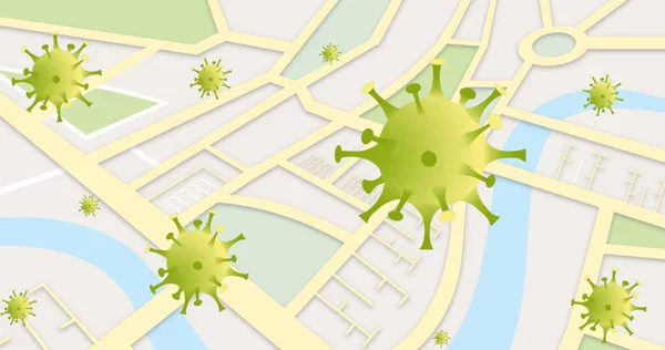 Bild Von Herabfallenden Covid Zellen Über Stadtplan Global Covid Pandemiekonzept — Stockfoto