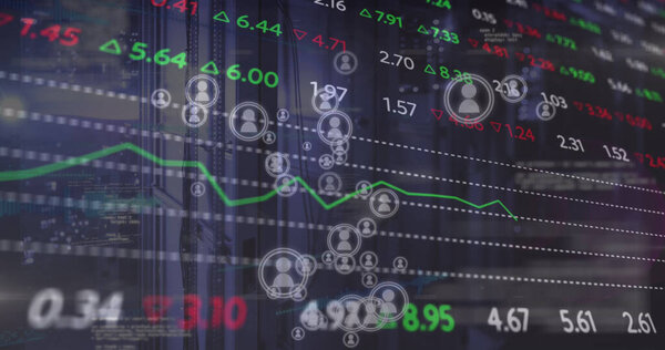 Изображение иконок, фондового рынка и обработки данных в серверной. глобальный бизнес, технологии и концепция обработки данных в цифровом виде.