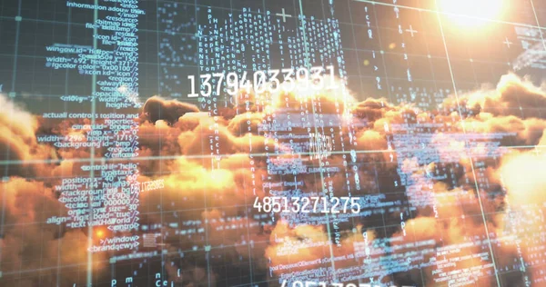 Image of numbers and computer code processing over sunset sky. global internet security, data processing, connections and digital interface concept digitally generated image.