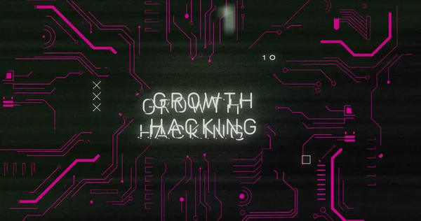 Image of interference over growth hacking text, data processing and computer circuit board. global technology, computing and digital interface concept digitally generated image.