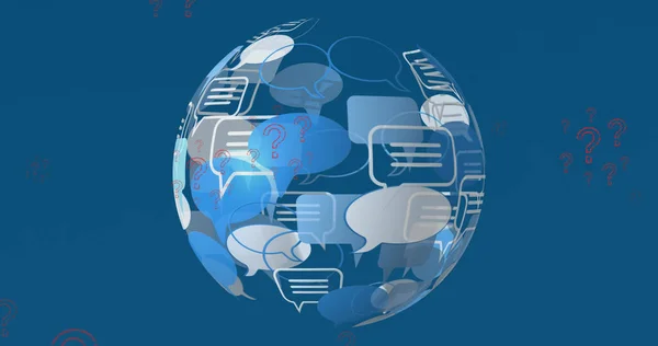 Obraz Znaków Zapytania Bańki Mowy Tworzących Globus Niebieskim Tle Koncepcja — Zdjęcie stockowe