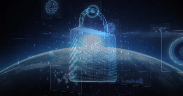 Image of online security padlock over scopes scanning and data processing. global internet security, cyber crime, connections and data processing concept digitally generated image.