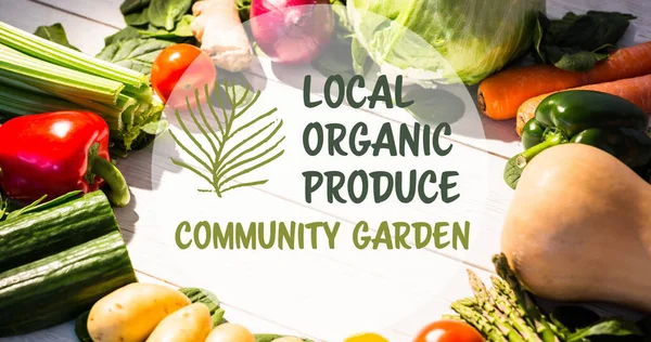 Bild Von Lokalen Bioprodukten Text Grün Über Frischem Gemüse Auf — Stockfoto