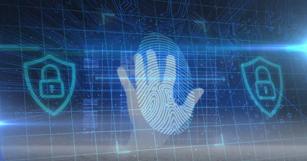 Menselijke Hand Scannen Biometrische Scanner Tegen Beveiligingshangslot Microprocessor Verbindingen Cyber — Stockfoto