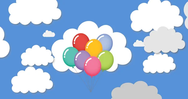 Bild Fliegender Ballons Über Wolken Auf Blauem Hintergrund Farb Bewegungs — Stockfoto