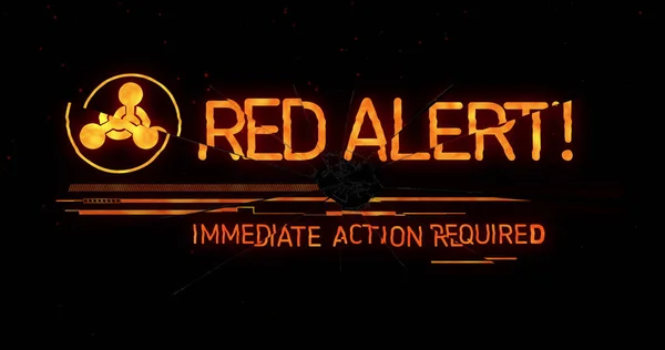 Kép Piros Figyelmeztető Jel Szöveg Fekete Háttér Vészhelyzeti Nukleáris Jel — Stock Fotó