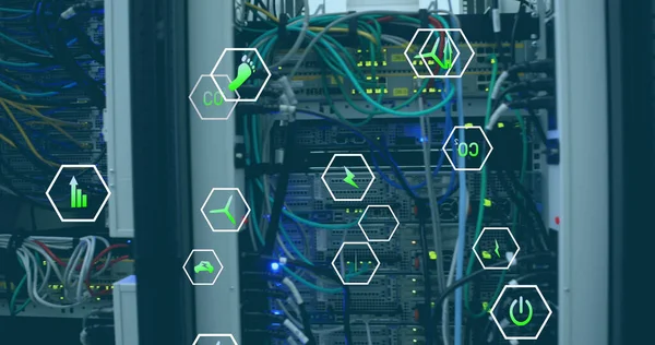 Image of digital icons over servers. global digital interface, data processing and technology concept digitally generated image.