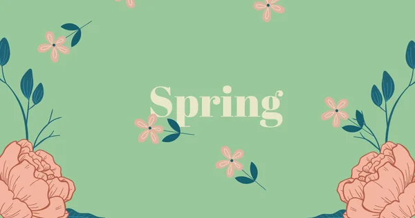 Obraz Wiosenny Tekst Nad Różowe Kwiaty Spada Dekoracji Kwiatowej Zielonym — Zdjęcie stockowe