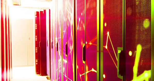 Image of moving shapes over server room. global technology and digital interface concept digitally generated image.
