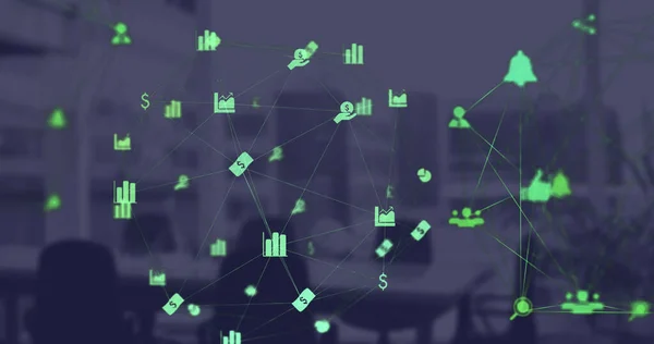 Image of network of connections with icons over cityscape. business, networking, connections, technology and digital interface concept digitally generated image.